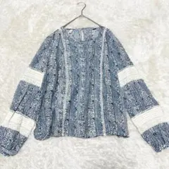 SCOTCH&SODA 青白 シルク混 花柄ブラウス レース袖 長袖 ボタニカルのサムネイル