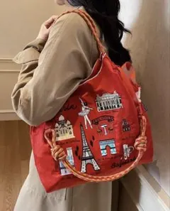 ショルダー紐つき　2WAY 刺繍　エコバッグ　トートバッグ　肩掛け　人気
