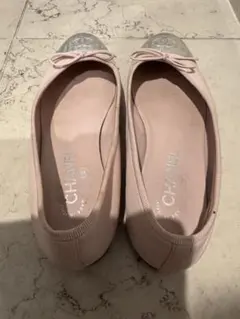 CHANEL シャネルフラットシューズピンク×シルバー ココマーク リボン38C CHANEL シャネル バレリーナ フラット バレエシューズ ココマーク リボン