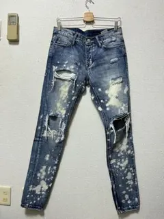 ミニマル　ダメージ＆ブリーチ加工　スキニーデニム　/30　裾ジップ　インディゴ