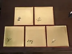 【未使用】山中塗手描蒔絵 銘々皿5枚セット（加賀金箔工芸）