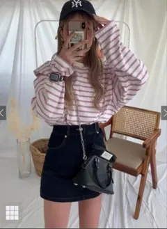 【新品未使用】ボーダー柄ショルダースリットルーズトップス　ピンク　F