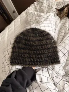 モヘアビーニー（カーキ×ブラック）