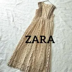 ZARA ロングワンピース ノースリーブ レース ドット プリーツ