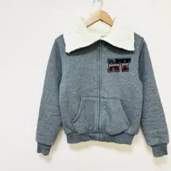 裏ボアジップアップスウェットパーカー　M~L相当　灰色グレー　NY刺繍ワッペン