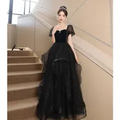 パーティードレス ロング 袖あり ロングドレス 黒 結婚式