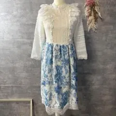 チェスティ　レースドッキングワンピース　刺繍　花柄　ブルー　ホワイト　0サイズ