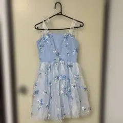 水色 フラワー刺繍 ノースリーブミニワンピース