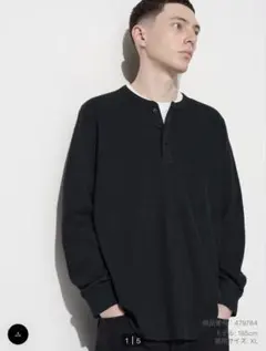 UNIQLO ワッフルヘンリーネックTシャツ　ブラック　L 新品