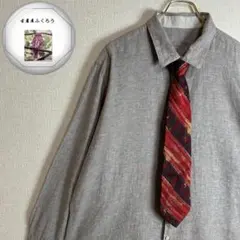 長袖　リネン　コットン　ネクタイシャツ　グレー　オーバーサイズ　古着