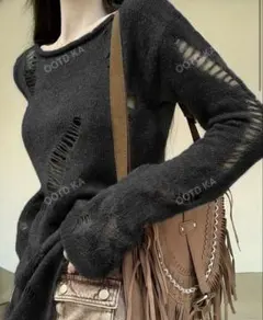 レディース Y2K 黒 ダメージ加工 長袖ニット