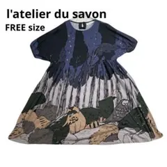 l'atelier du savon ひざ丈ワンピース 半袖 総柄 森 フクロウのサムネイル