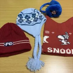 スヌーピー 他２点　ニット帽 赤 キッズサイズ　耳当て　まとめうり