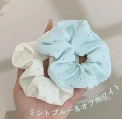 ビジュー付き シフォンシュシュ 2点セット ミントグリーン オフホワイト 春 ヘ