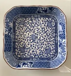 美濃焼 龍峯窯 染付更紗 花鳥文 輪花 大皿　26cmのサムネイル