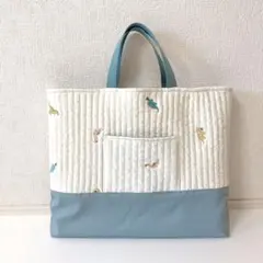 レッスンバッグ ヌビ　恐竜刺繍　外ポケット付き