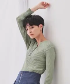 ヘンリーネックリブニット【洗濯機洗い可】