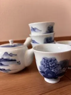 七代 小笠原藤右衛門 染付山水 茶器揃 急須 湯呑5客 伊万里鍋島焼