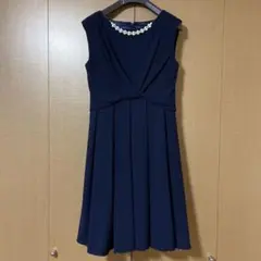 ネイビー Vネックドレス パール装飾