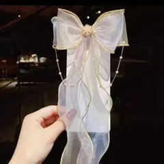 ♡グラデーション　オーガンジー　ビジューパール付きロングリボン　ヘアクリップ