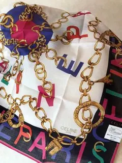 セリーヌCELINE英字ロゴ金色チェーンマカダム柄＆透かし織り大判ハンカチ