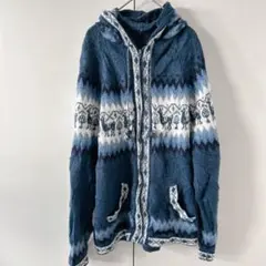 ニットパーカー フード付き ジップアップ ネイビー系 手編み風 民族調