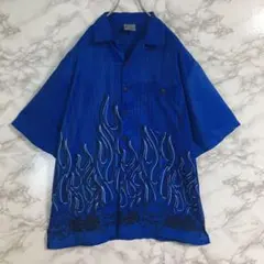 ファイヤー×スカル　ファイヤーシャツ　炎　両面プリント　ポリシャツ　ブルー　Ｍ☆