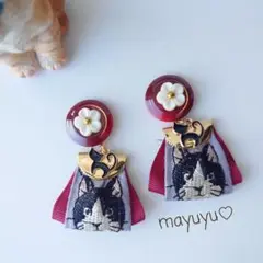【989】にゃんにゃ〜ん赤が好き インド刺繍リボン・グログランリボン