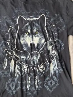 フルーツオブザルーム ウルフTシャツ オオカミ アニマル 墨黒 グランジ M