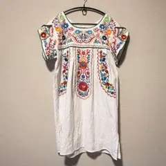 カラフル 刺繍 半袖 ひざ丈ワンピース ホワイト S メキシカン メキシコ