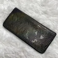 本革　レザーカービング　ペイズリー柄　長財布　エスニック　男女兼用　ユニセックス