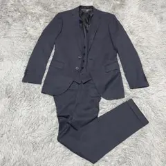 極美品 ビジネススーツ 3ピース セットアップ チェック ネイビー YA4