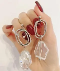 716 ヴィンテージシルバー フープ クリアブロック ピアス イヤリング