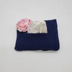 ハンドメイド レース編み ポケットティッシュケース ネイビー 花柄 78