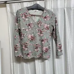 花柄チェックVネック長袖トップス Lサイズ