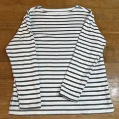 白とグレーのストライプ 長袖ボートネックTシャツ L
