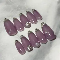 【現品限り】#002 ピンク系薄紫ガラスフレンチ ネイルチップ