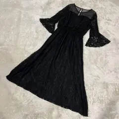 レースレディース デコルテチュール×総レースフレア袖ロングワンピース　L 黒