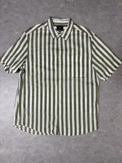 H&M 半袖シャツ L オリーブグリーンストライプ
