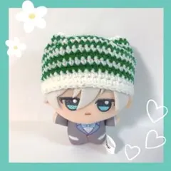 ちびぐるみ ぬい服 猫耳ボーダーニット帽 白×緑 ハンドメイド 編み物