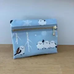フタにファスナー☆移動ポケット☆シマエナガ☆ブルー☆ハンドメイド
