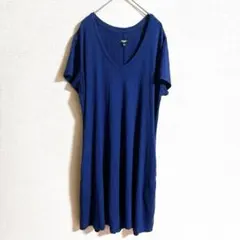 PREMISE 膝丈ワンピース Vネック ネイビー L 楽ちん 体型カバー