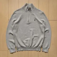 ベージュハーフジップ ニット ポロ刺繍