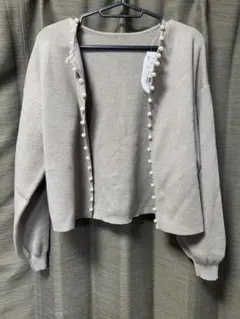 ベージュ パールカーディガン　長袖カーディガン Mサイズ
