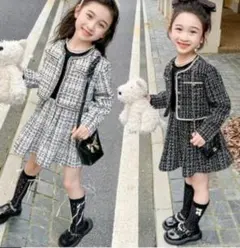 キッズ入学式スーツ2点セット小学校120卒園式ブラック　ツイード女の子リボン韓国