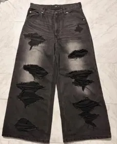 HARE クラッシュダメージ加工 ワイドデニムパンツ ブラック Mサイズのサムネイル