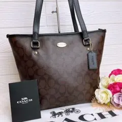 極美品☆COACHコーチ トートバッグ レザー ブラウン シグネチャー大容量