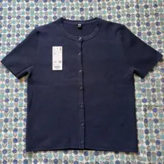UNIQLO スカラップ クルーネック半袖カーディガン ネイビー Lのサムネイル