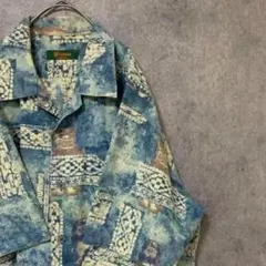 90s vintage 柄シャツ　半袖　メンズ　L 綿　シーサー　古着　F2