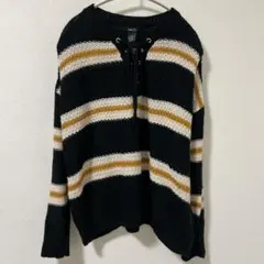 rue21 ボーダー柄 レースアップ ローゲージニット セーター M Y2K